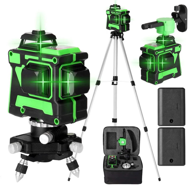 Kit Nível Laser 360° 12 linhas verde com tripé, 2 baterias e maleta